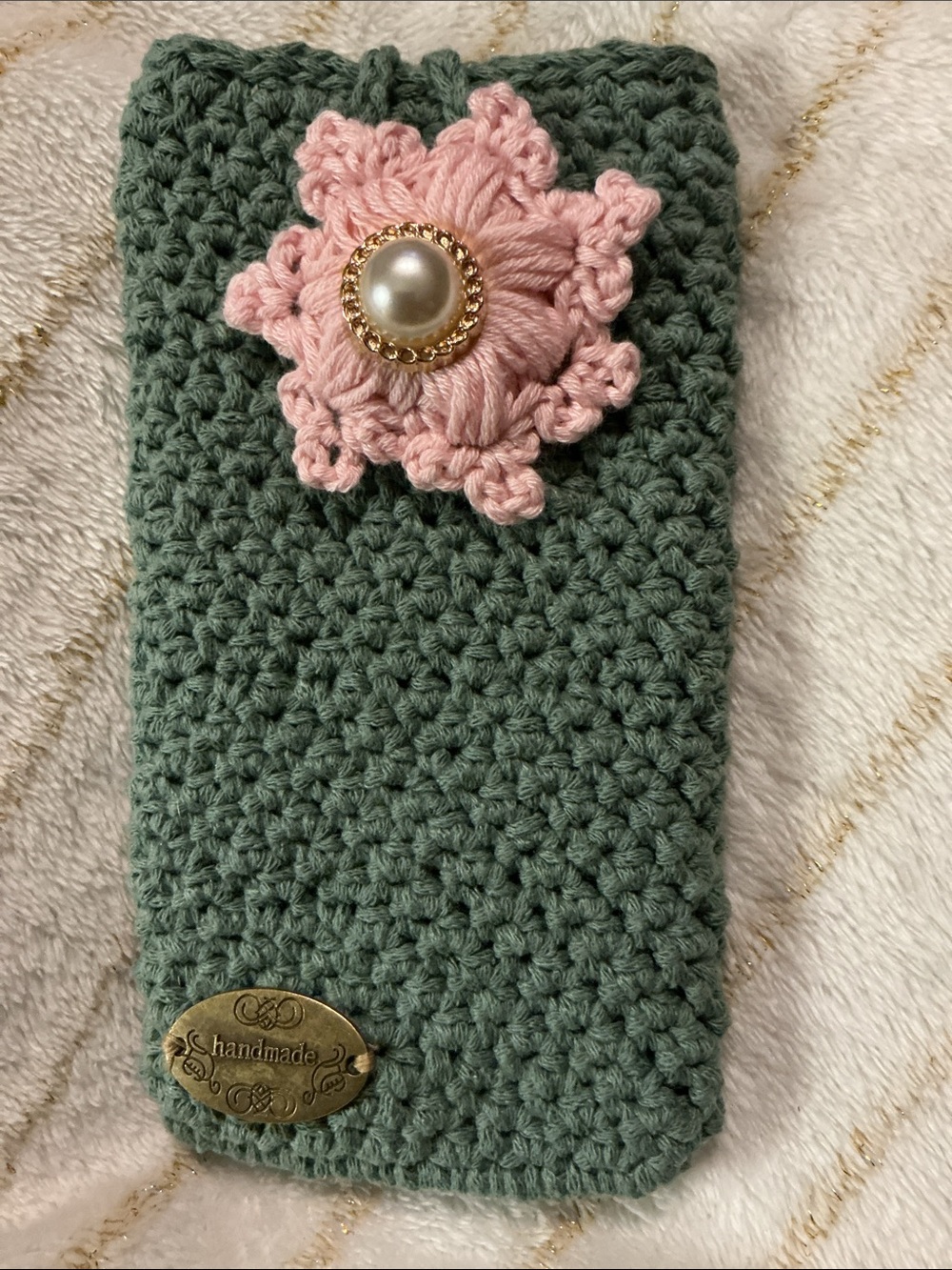 Crochet Phone Sleeve with Pink Flower Accent